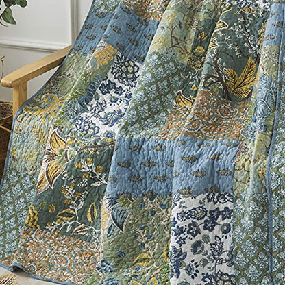 NEWLAKE Cotton Quilted Throw Blanket for Bed Couch Sofa, Reversible Matelasse Blanket with Real Stitched Embroidery,Green Farmhouse Garden,60X78 Inch - color: Green