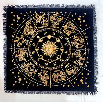 INDACORIFY Golden Zodiac Constellation Altar Table Top Cloth with Fringes Alter Tarot Witchcraft Spread Witchery Supplies Table Cloth 18x18 in (Golden Zodiac Constellation) - color: Golden Zodiac Constellation