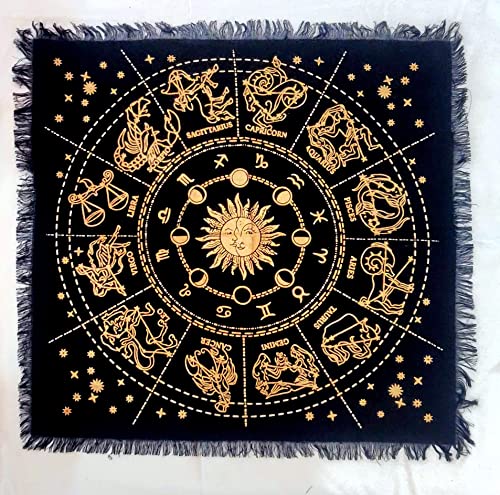 INDACORIFY Golden Zodiac Constellation Altar Table Top Cloth with Fringes Alter Tarot Witchcraft Spread Witchery Supplies Table Cloth 18x18 in (Golden Zodiac Constellation) - color: Golden Zodiac Constellation