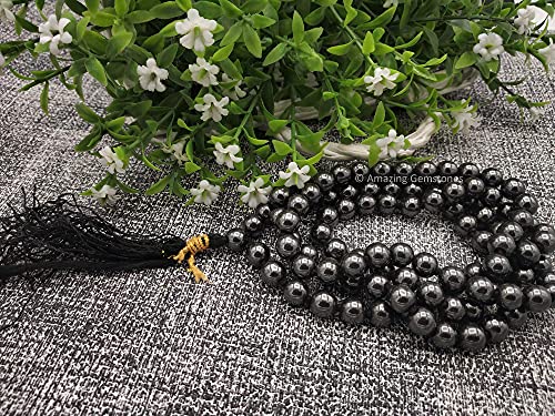 Amazing Gemstone Japa Mala 108 Prayer Beads Necklace and Wrist Mala Bracelet for Meditation - color: Hematite, size: Hand Knotted