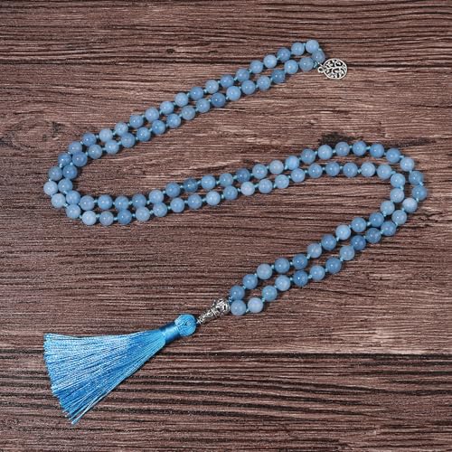 108 Mala Beads Necklace Semi-Precious Gem Stones Meditation Necklace 108 Hand Knotted Japa Mala Beaded Tassel Necklace with Tree of Life Pendant - color: Aquamarine
