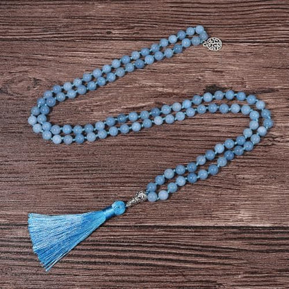 108 Mala Beads Necklace Semi-Precious Gem Stones Meditation Necklace 108 Hand Knotted Japa Mala Beaded Tassel Necklace with Tree of Life Pendant - color: Aquamarine