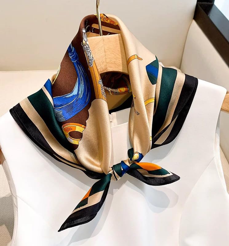 ANDANTINO 100% Mulberry Silk Scarf -21” Lightweight Square Neckerchief – Breathable Digital Printed Scarves with Gift Packed - color: Horse-tawny