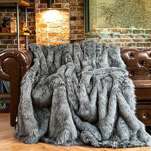 BATTILO HOME Silver Grey Faux Fur Throw Blanket for Couch, Bed, Fake Fur Blankets & Throws, Thick Warm Heavy Fluffy Fuzzy Elegant Furry Blanket Long Pile with Black Tips, 50"x60" - color: Grey, size: 50"x60"