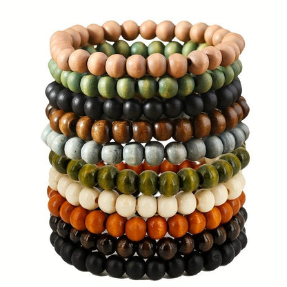 10 Piece Set Wooden Bead Bracelets, Boho Stretch Bracelet Set, Unisex Fashion Jewelry Stack, Multi-Color