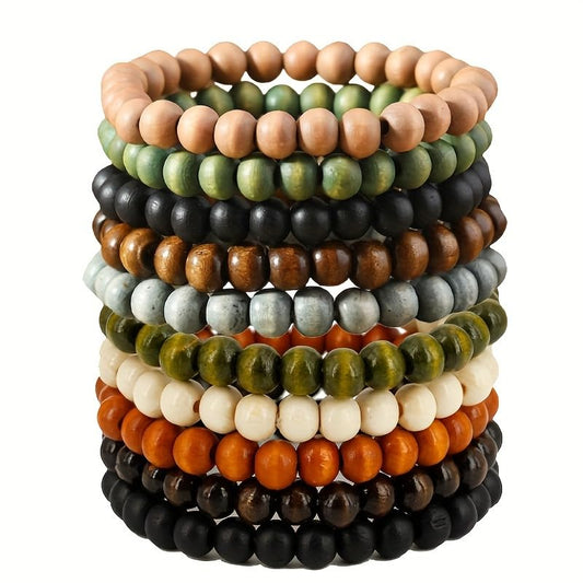 10 Piece Set Wooden Bead Bracelets, Boho Stretch Bracelet Set, Unisex Fashion Jewelry Stack, Multi-Color