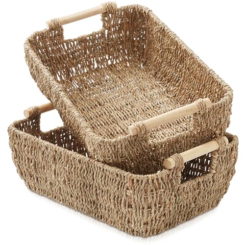 Casafield Set of 2 Seagrass Oval Storage Baskets with Wooden Handles - Large, Woven Bin Organizers