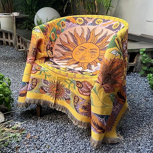 Hopstar Sun Throw Blanket Boho Hippie Tapestry Room Decor Western Blankets and Throws Soft Cozy Couch Cover for Loveseat Sofa Living Room Chair Travel 51"x63" (Yellow/Floral) - color: Sun Face, size: 51"x63"