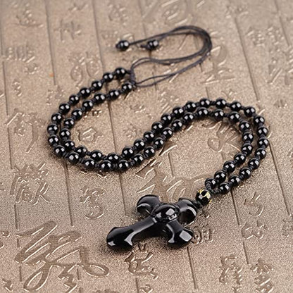 Black Obsidian Necklace Natural Crystal Amulet Protection Pendant with Adjustable Rope Lucky Talisman Necklaces Jewelry Gift for Men Women - color: Cross