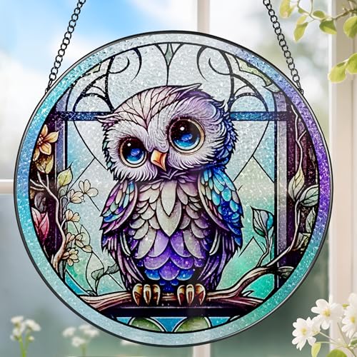8 Inch Stained Glass Suncatcher Ornament, DOUHASU Owl Sun Catchers Indoor Window, Stained Glass Window Hanging, Home Decor, Owl Lovers Gifts for Women, Men, Friend, Relative - color: Owl