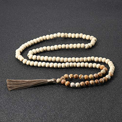 8MM Semi-Precious Gem Stones Wood Mala Bead Necklace Multicolor Tassel Charms Chain Necklace Handmade Beaded Pendant Necklace for Women Men - color: Wooden+Picture Jasper