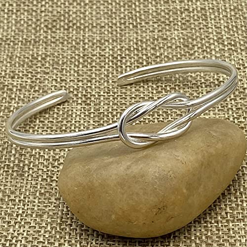 Handmade Sterling Silver Dainty Minimalist Knot Cuff Bracelet, Simple Silver Tied Wires, Adjustable 6 3/4 inches Cuff, Women size M-L, Gift for Her