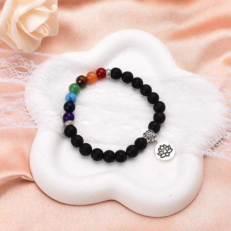 Chakra Bracelets for Women Men 8mm Buddhist Yoga Bead Bracelet with Black Lava Stone Bracelet Elastic Meditation Accessories - color: Color B