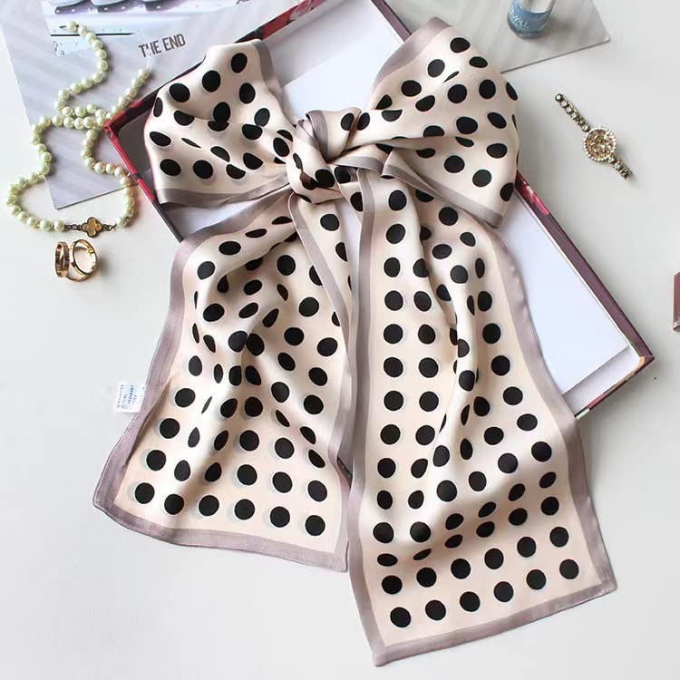 100% Silk Scarf for Women 59”*6.3” Long Shawls for Headscarf and Neck- Oblong Hair Wraps with Gift Packed - color: Polka Dots