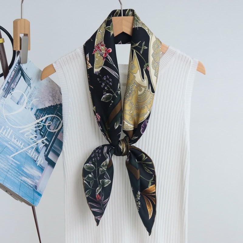 100% Pure Mulberry Silk Scarf 35" Large Square Lightweight Headscarf –Women’s Hair Wraps-With Gift Packed - color: Black Horse-twill