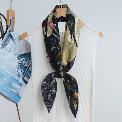 100% Pure Mulberry Silk Scarf 35" Large Square Lightweight Headscarf –Women’s Hair Wraps-With Gift Packed - color: Black Horse-twill