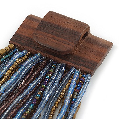 Avalaya Bronze/Light Blue/Purple/Peacock Glass Bead Multistrand Flex Bracelet With Wooden Closure - 19cm L