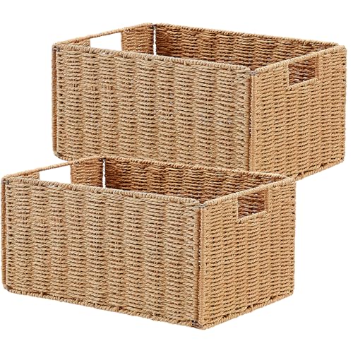 Wicker Storage Basket, Set of 2 Hand-Woven Paper Rope Wicker Basket, Small Storage Baskets for Organizing Toilet Paper, Foldable Large Cube Storage Organizer Bins for Shelves (Natural) - color: Natural, size: 13.2"D x 8"W x 6.5"H
