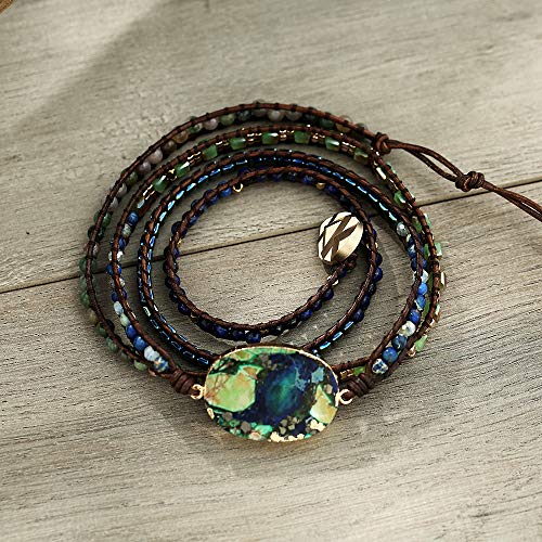 Plumiss Women Boho Handmade Natural Stone Crystal Leather Bead Wrap Bracelets Collection - style: Green Blue Jasper 5W