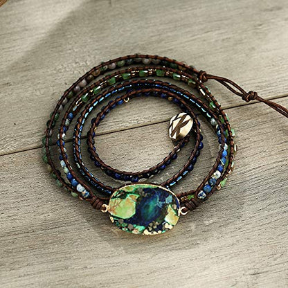 Plumiss Women Boho Handmade Natural Stone Crystal Leather Bead Wrap Bracelets Collection - style: Green Blue Jasper 5W