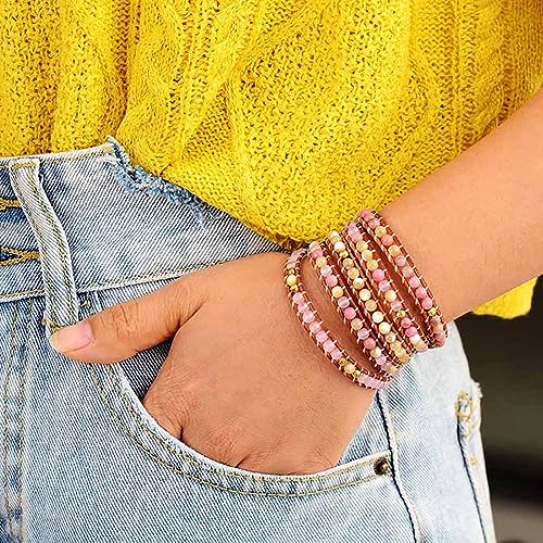 Boho Wrap Bead Bracelet for Women - Handmade Adjustable Natural Stone Beaded Bracelets Yoga Healing Bracelet Bangle Hippie Jewelry - color: Pink