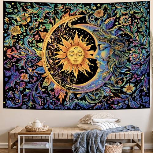 Sun and Moon Tapestry Psychedelic Mystic Floral Tapestry Hippie Boho Flower Plants Wall Tapestries Vintage Aesthetic Tapestries Wall Hanging for Bedroom