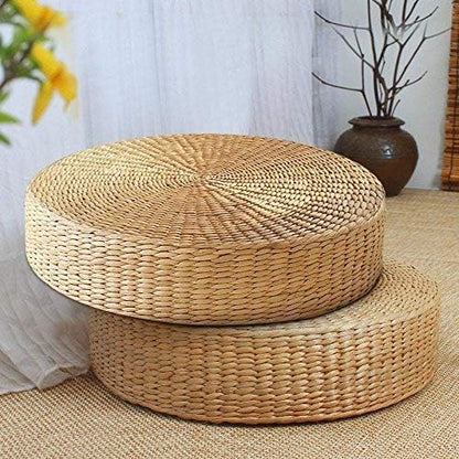 Japanese Style Handcrafted Eco-Friendly Padded Knitted Straw Flat Seat Cushion,Hand Woven Tatami Floor Cushion Corn Maize Husk (Dia40cm/15.8" x 10cm/4")