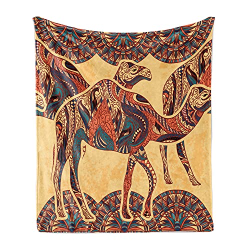 Lunarable Tribal Soft Flannel Fleece Throw Blanket, Camel Animals Oriental Ornaments Folkloric Culture Image, Cozy Plush for Indoor and Outdoor Use, 50" x 60", Orange Yellow - color: Orange Yellow, size: 50" x 60"