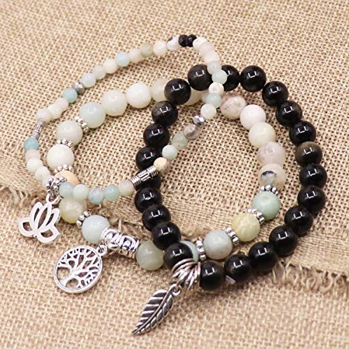 Tree of Life Yoga Healing Stone Bracelets,Multilayer Lotus Chakra Stone Reiki Bracelet Sets,Anxiety Crystal Natural Stone,for Women Stress Relief - style: Cyan White +Jin Yao Stone