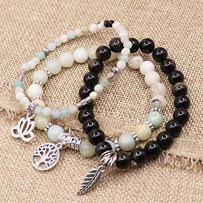 Tree of Life Yoga Healing Stone Bracelets,Multilayer Lotus Chakra Stone Reiki Bracelet Sets,Anxiety Crystal Natural Stone,for Women Stress Relief - style: Cyan White +Jin Yao Stone