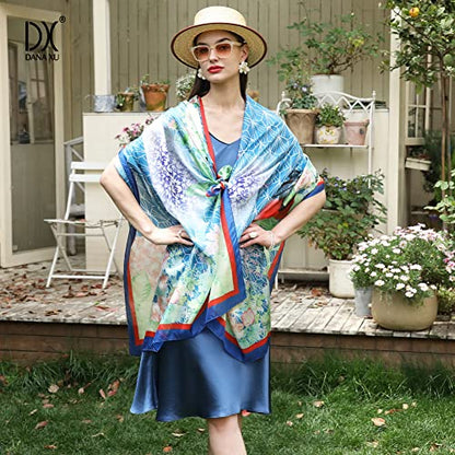 100% Mulberry Extra Large Silk Pashmina Scarf Shawls And Wraps For Women Evening Dress Summer Travel Floral Blanket - color: Blue Garden Breeze