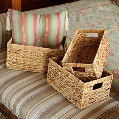 Storage Baskets,Woven Natural Water hyacinth Box with Handle,Kingwillow.(Set of 3) - size: Set of 3