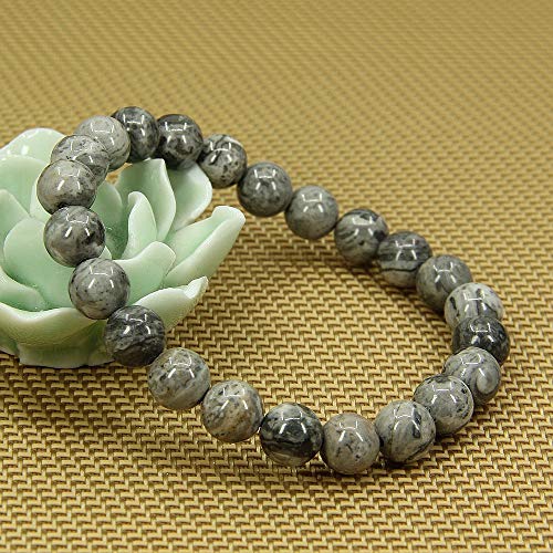 Angelstones Handmade Natural Healing Gemstone 8mm Round Beads Stretch Crystal Bracelet 7 Inch Unisex - color: Gray Picture Jasper