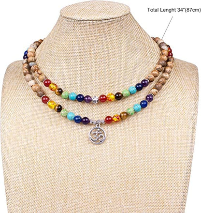 108 Mala Beads Necklace 7 Chakra Tree of Life Pendant Prayer Buddha Bracelets Healing Stone Yoga Men Women Jewelry - color: Stones Tibetan Jasper