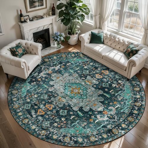 Ciicool Large 8ft Round Boho Area Rug,Washable Bedroom Non-Slip Oriental Throw Rugs,Low-Pile Floor Carpet for Dining Room Living Room Kitchen Bedside - color: Teal/Multi, size: 8' (Round)