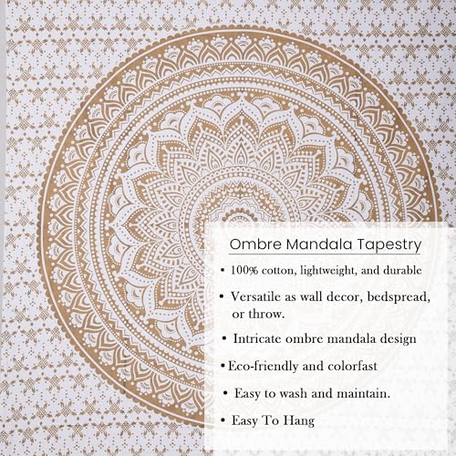 THE ART BOX Glittering Gold Tapestry Wall Hanging Mandala- Indian Cotton Throw Hippie Tapestries - Boho Bedding White Golden Queen Bedspread 85x90 inches-Meditation Yoga Rugs Mats - color: Gold and White, size: 85"L x 90"W