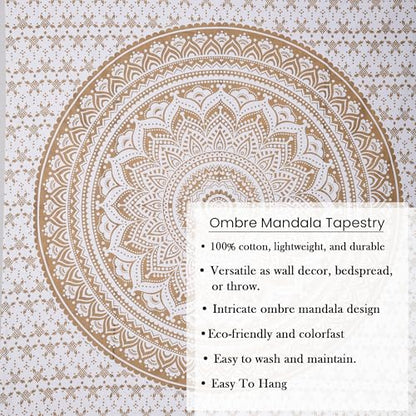 THE ART BOX Glittering Gold Tapestry Wall Hanging Mandala- Indian Cotton Throw Hippie Tapestries - Boho Bedding White Golden Queen Bedspread 85x90 inches-Meditation Yoga Rugs Mats - color: Gold and White, size: 85"L x 90"W