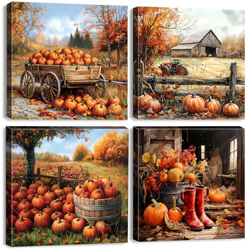Vintage Fall Themed Farm Landscape Wall Art for Kitchen Farmhouse Pumpkin Field Poster Canvas Prints Country Old Barn Truck Maple Leaves Pictures Framed Artwork Living Room Home Decorations 16x16 4P - color: Vintage Pumpkin, size: 16"l X 16"w