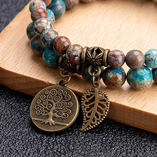 Bivei Natural Semi Precious Gemstone beads bracelet for women - Life Tree and Leaf Charm Energy Reiki Crystal Stretch Bracelets - color: Blue Lace Agate Bracelet Set, size: Medium:6.8-7.24inch