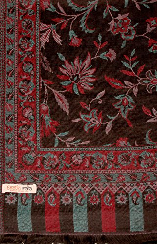 Exotic India Women Reversible Jamawar Wool Shawl with Woven Flowers | Ethnic Beautiful Floral Weave Stole, Dupatta - color: Pirate Black