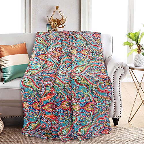 NEWLAKE Quilted Throw Blanket for Bed Couch Sofa, European Gorgeous Floral, 60X78 Inch - color: Orange/Blue