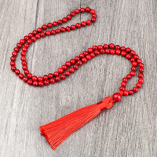 108 Mala Necklace 6mm Red Natural Stone Beaded Tassel Necklace Women Men Yoga Gift,Red Pine - color: Red Pine