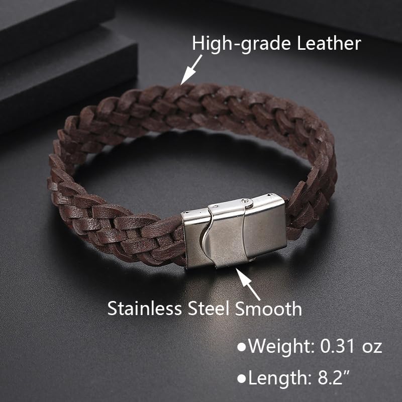 Men's Leather Bracelet, Stackable Stainless Steel Clasp Bracelets for Men Stylish Birthday, Thanksgiving, Valentine's Day Gift for My Man - style: 8.2" Braided Brown Leather