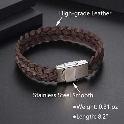 Men's Leather Bracelet, Stackable Stainless Steel Clasp Bracelets for Men Stylish Birthday, Thanksgiving, Valentine's Day Gift for My Man - style: 8.2" Braided Brown Leather