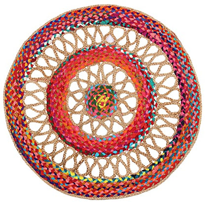 Exotic India Firecracker Hand-Crafted Upcycled Cotton and Jute Round Meditation Mat with Jali - Upcycled Cotton w