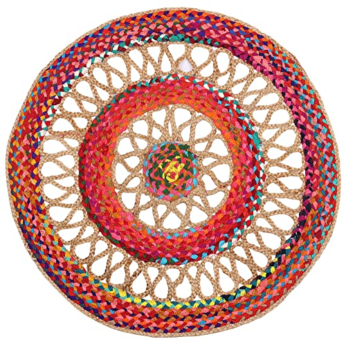 Exotic India Firecracker Hand-Crafted Upcycled Cotton and Jute Round Meditation Mat with Jali - Upcycled Cotton w
