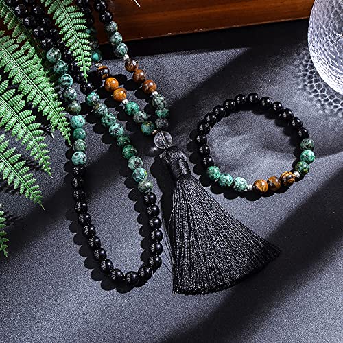 108 Mala Prayer Beads Necklace 8mm Natural Stones Meditation Yoga Jewelry Sets 108 Hand Made Japa Mala Beaded Long Tassel Necklace with Tassel Pendant for Men and Women - color: Tiger Eye+African turquoise+Black Onyx