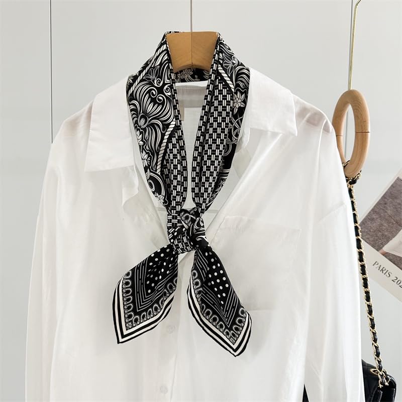 ANDANTINO 100% Pure Mulberry Silk Scarf 35" Large Square Lightweight Headscarf –Women’s Hair Wraps-With Gift Packed - color: Black & Creamy White