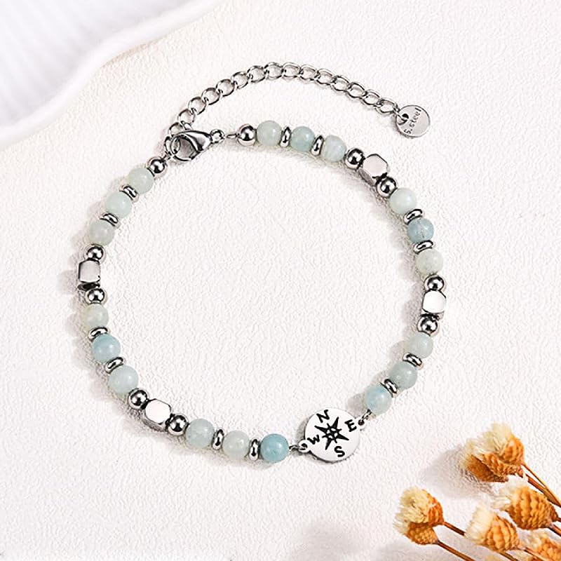 Healing Beads Bracelets for Women Men, Adjustable Natural Stone Beaded Bracelet Stackable Chain Stretch Jewelry Gifts - color: Compass- Light Green