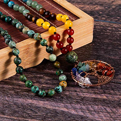 Bivei 108 Mala Beads Necklace Life Tree 7 Chakra Wrap Bracelet Real Healing Gemstone Yoga Meditation Hand Knotted Mala Prayer Bead Necklace - color: African Turquoise, size: 6mm